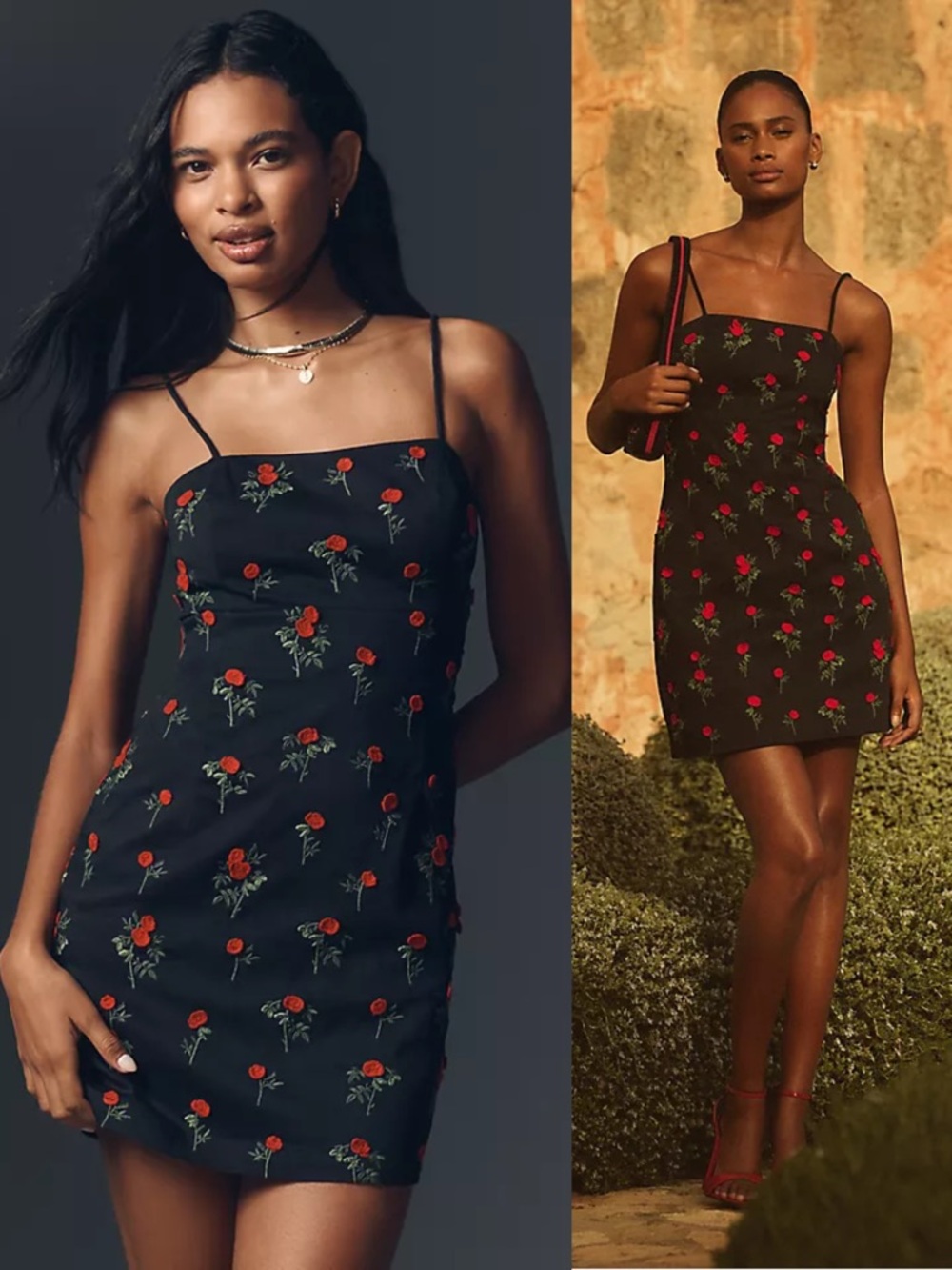 Anthropologie Maeve The Brynne 3D Floral Mini Dress Black Red Roses 16